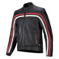 Alpinestars Dyno Lederjacke, Schwarz mit rubinroten und ecrufarbenen Rennstreifen, Premium-Motorradjacke aus Leder, Frontreißverschluss, Stehkragen, Reißverschlusstaschen, Italienisches Flaggen-Emblem, sportliches Heritage-Design