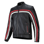 Alpinestars Dyno Lederjacke, Schwarz mit rubinroten und ecrufarbenen Rennstreifen, Premium-Motorradjacke aus Leder, Frontreißverschluss, Stehkragen, Reißverschlusstaschen, Italienisches Flaggen-Emblem, sportliches Heritage-Design