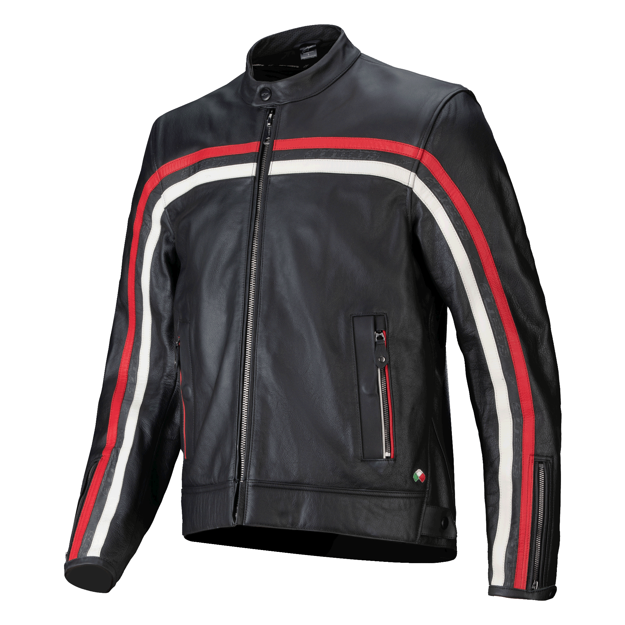 Alpinestars Dyno Lederjacke, Schwarz mit rubinroten und ecrufarbenen Rennstreifen, Premium-Motorradjacke aus Leder, Frontreißverschluss, Stehkragen, Reißverschlusstaschen, Italienisches Flaggen-Emblem, sportliches Heritage-Design