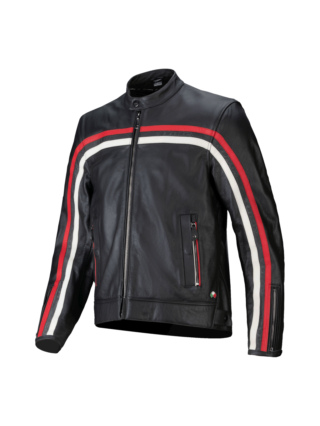 Alpinestars Dyno Lederjacke, schwarze Motorradjacke aus Rindsleder mit roten und ecrufarbenen Streifen, Tech-Air® Ready.