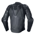 Alpinestars Atem V5 Lederjacke, Motorrad-Rennjacke, Schwarz, Rückansicht mit aerodynamischem Speed-Buckel, DFS RR Schulter- und Ellbogenprotektoren, technische Lederkonstruktion mit Stretcheinsätzen und Alpinestars-Branding an den Ärmeln