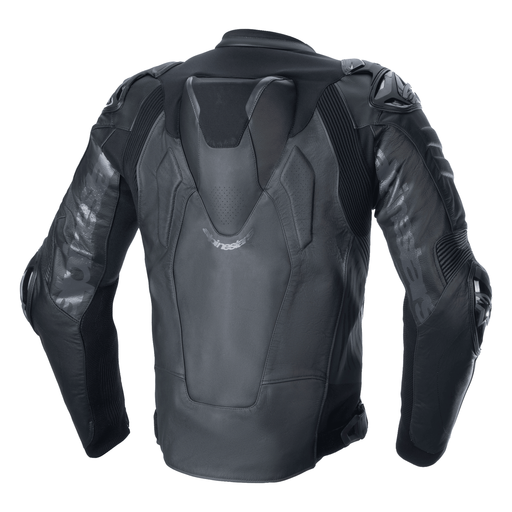 Alpinestars Atem V5 Lederjacke, Motorrad-Rennjacke, Schwarz, Rückansicht mit aerodynamischem Speed-Buckel, DFS RR Schulter- und Ellbogenprotektoren, technische Lederkonstruktion mit Stretcheinsätzen und Alpinestars-Branding an den Ärmeln