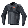 Alpinestars Atem V5 Lederjacke, Motorrad-Rennjacke, Schwarz und Dunkelgrau, orangefarbenes Stern-Logo auf der Brust, perforierte Lederbahnen zur Belüftung, harter Schulter- und Ellbogenschutz, Leder- und Textilkonstruktion mit aerodynamischem Design für sportliches Fahren
