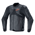 Alpinestars Atem V5 Lederjacke, Motorrad-Rennjacke, Schwarz und Dunkelgrau, orangefarbenes Stern-Logo auf der Brust, perforierte Lederbahnen zur Belüftung, harter Schulter- und Ellbogenschutz, Leder- und Textilkonstruktion mit aerodynamischem Design für sportliches Fahren