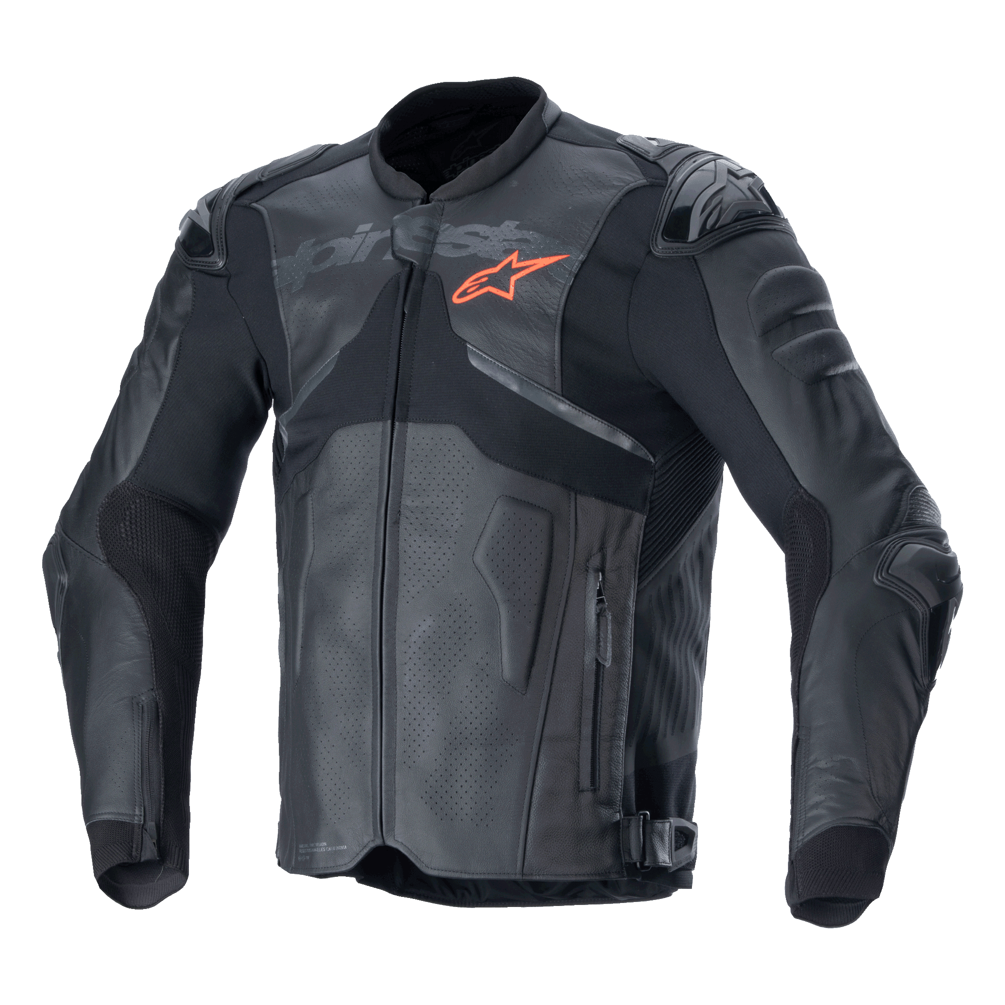 Alpinestars Atem V5 Lederjacke, Motorrad-Rennjacke, Schwarz und Dunkelgrau, orangefarbenes Stern-Logo auf der Brust, perforierte Lederbahnen zur Belüftung, harter Schulter- und Ellbogenschutz, Leder- und Textilkonstruktion mit aerodynamischem Design für sportliches Fahren