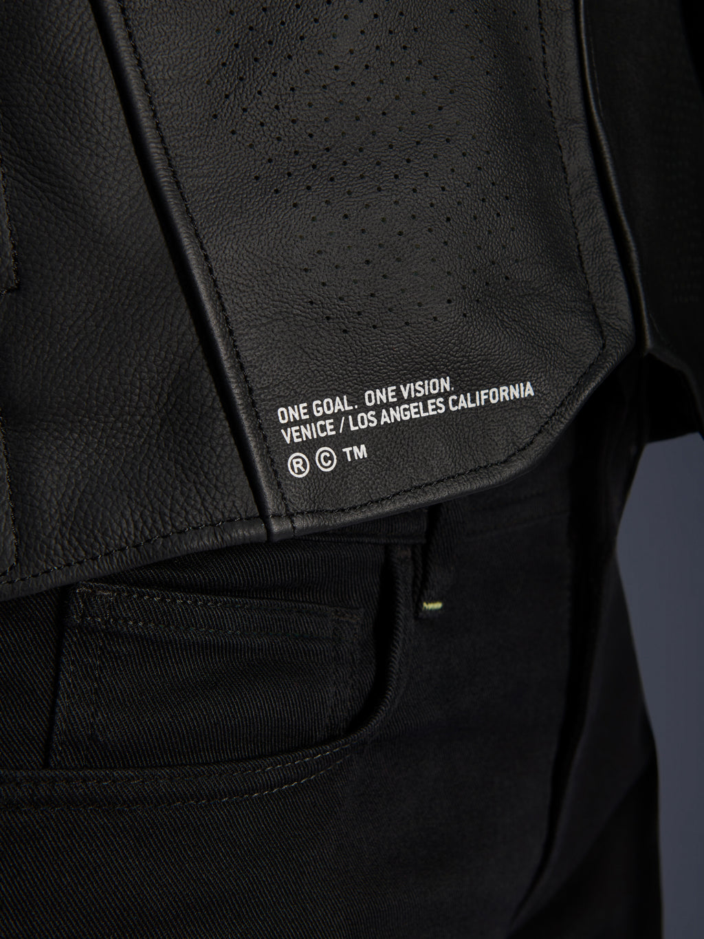 Close-up of the Alpinestars Atem V5 Leather Jacket in Black, featuring the lower back panel with 'ONE GOAL. ONE VISION. VENICE / LOS ANGELES CALIFORNIA' branding and perforated leather texture.