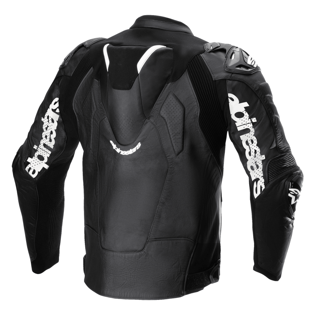 Alpinestars Atem V5 Leather Jacket, Black and White, rear view showing aerodynamic speed hump, white Alpinestars branding on sleeves, perforated leather sections, and technical stretch panels for racing and sport riding.