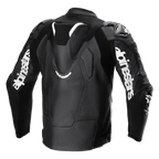 Alpinestars Atem V5 Leather Jacket, Black and White, rear view showing aerodynamic speed hump, white Alpinestars branding on sleeves, perforated leather sections, and technical stretch panels for racing and sport riding.