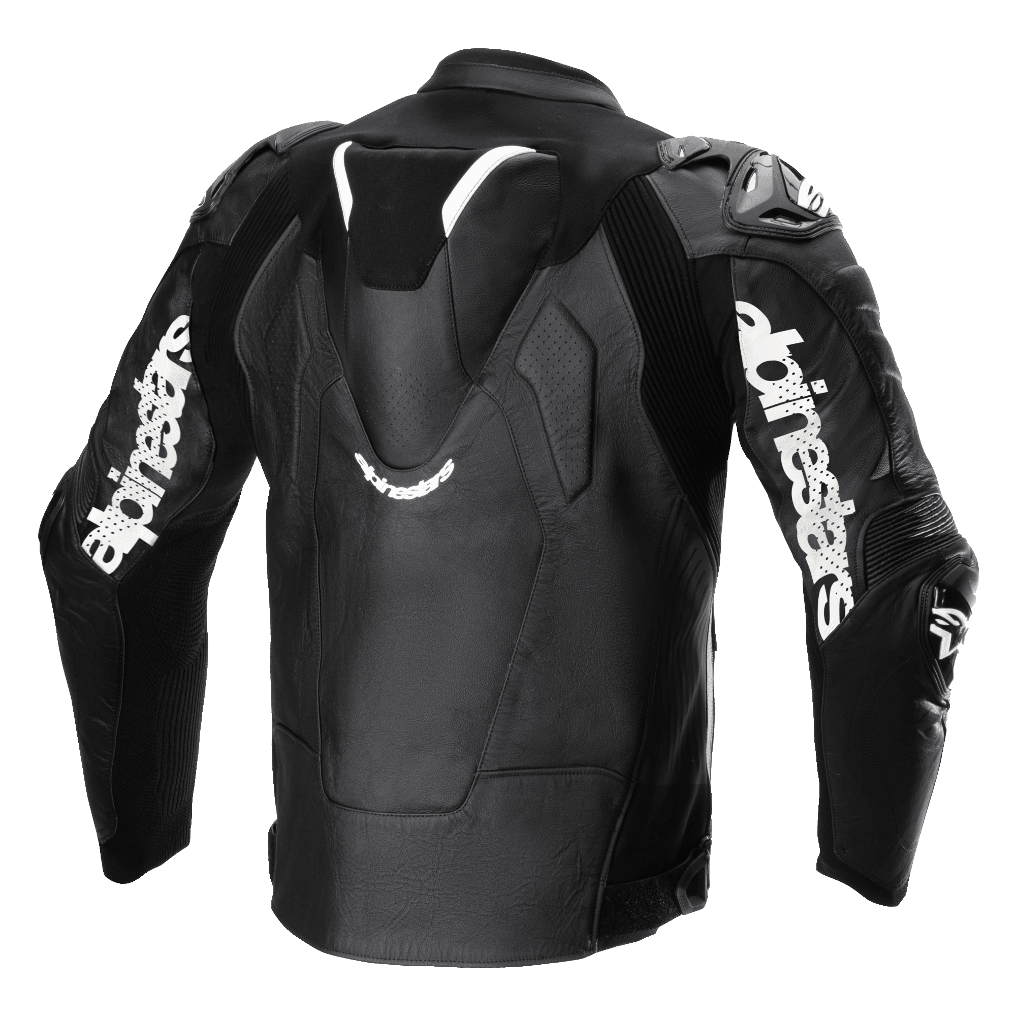 Alpinestars Atem V5 Leather Jacket, Black and White, rear view showing aerodynamic speed hump, white Alpinestars branding on sleeves, perforated leather sections, and technical stretch panels for racing and sport riding.