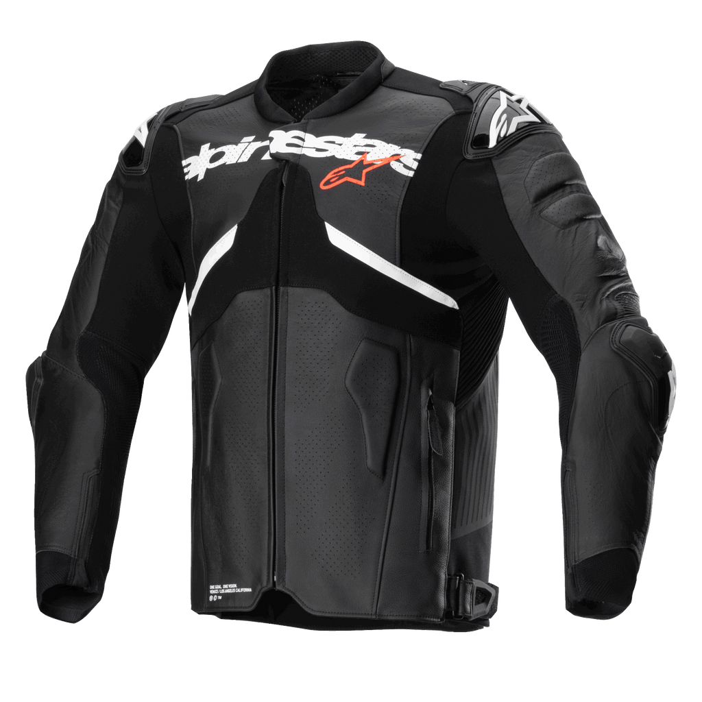 Alpinestars Atem V5 Leather Jacket, Black and White, professional motorcycle racing jacket, featuring a large white Alpinestars logo across the chest with a small red star, perforated leather panels, integrated DFS RR shoulder protectors, and a streamlined aerodynamic design for sportbike riding.