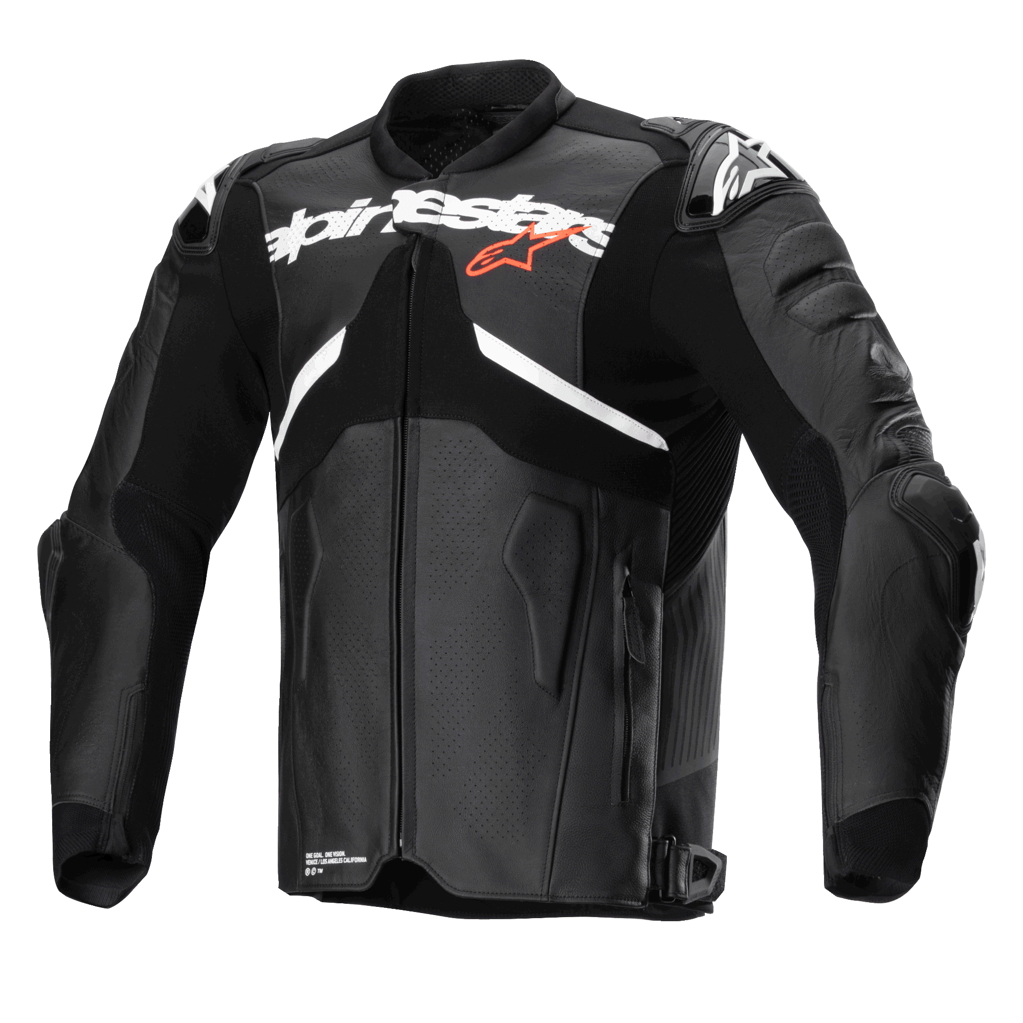 Alpinestars Atem V5 Leather Jacket, Black and White, professional motorcycle racing jacket, featuring a large white Alpinestars logo across the chest with a small red star, perforated leather panels, integrated DFS RR shoulder protectors, and a streamlined aerodynamic design for sportbike riding.