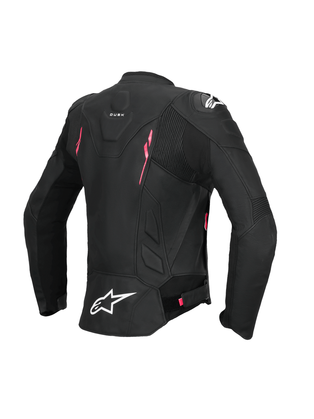 Alpinestars Stella Dusk Lederjacke, Damen-Motorradjacke, Rückansicht in Schwarz mit pinken und weißen Akzenten, CE AA-zertifizierte Lederkonstruktion, Stretcheinsätze und externer Schulterprotektion