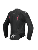 Alpinestars Stella Dusk Lederjacke, Damen-Motorradjacke, Rückansicht in Schwarz mit pinken und weißen Akzenten, CE AA-zertifizierte Lederkonstruktion, Stretcheinsätze und externer Schulterprotektion