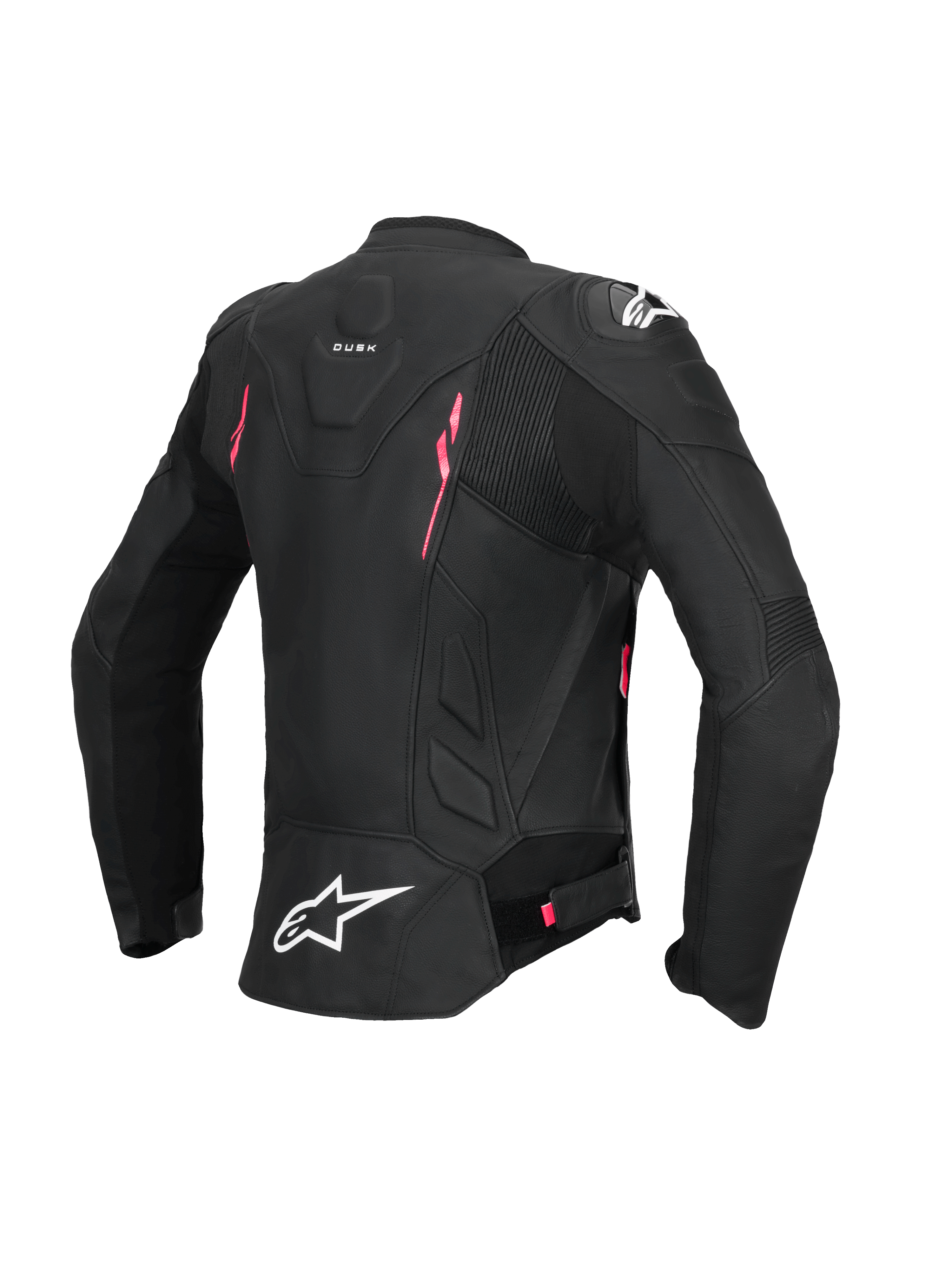 Alpinestars Stella Dusk Lederjacke, Damen-Motorradjacke, Rückansicht in Schwarz mit pinken und weißen Akzenten, CE AA-zertifizierte Lederkonstruktion, Stretcheinsätze und externer Schulterprotektion