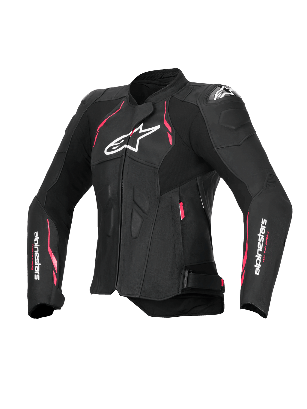 Alpinestars Stella Dusk Lederjacke, Damen-Motorradjacke in Schwarz mit pinken und weißen Akzenten, CE-zertifiziert Klasse AA mit externem DFS-Schulterschutz