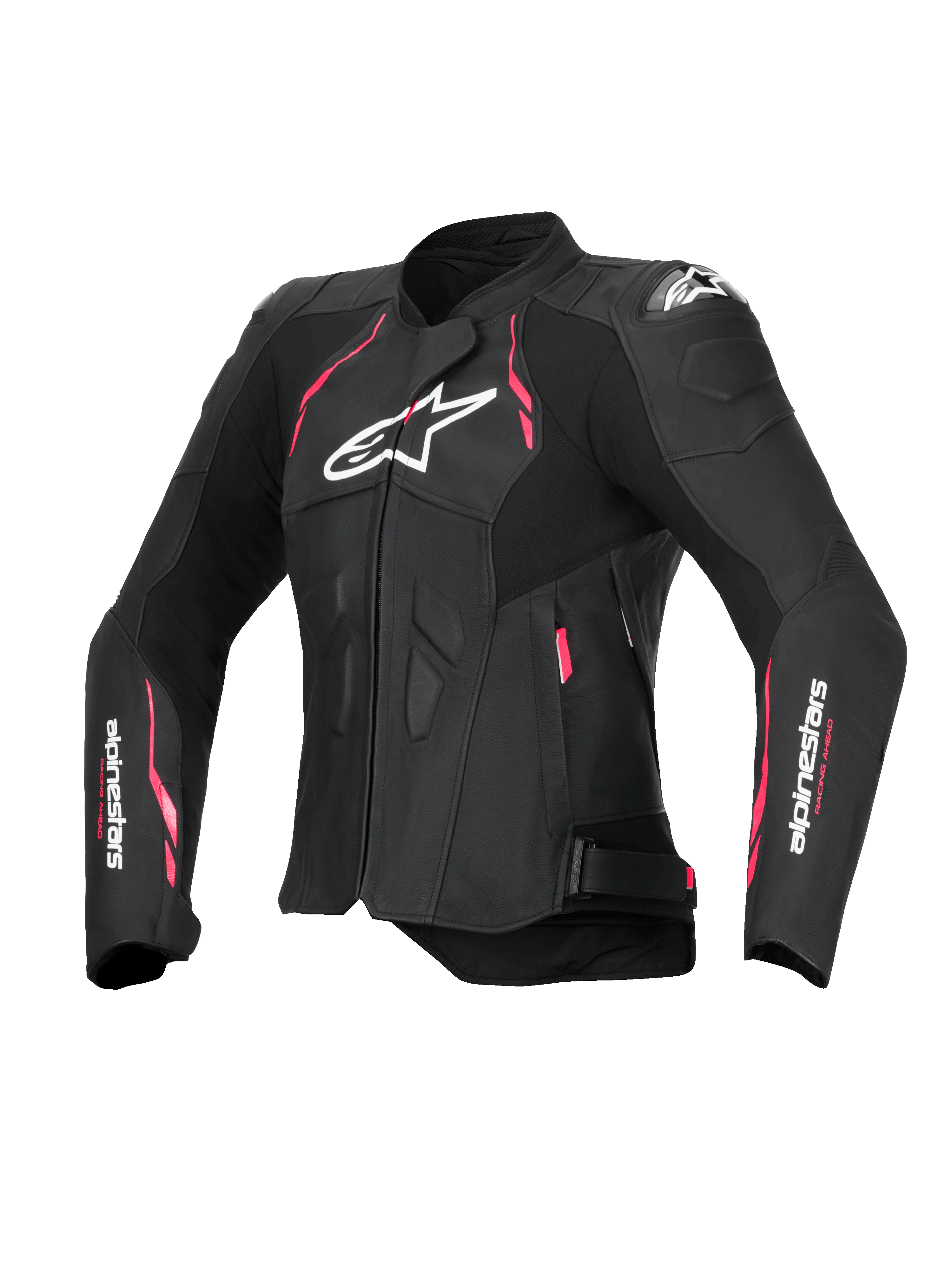 Alpinestars Stella Dusk Lederjacke, Damen-Motorradjacke in Schwarz mit pinken und weißen Akzenten, CE-zertifiziert Klasse AA mit externem DFS-Schulterschutz