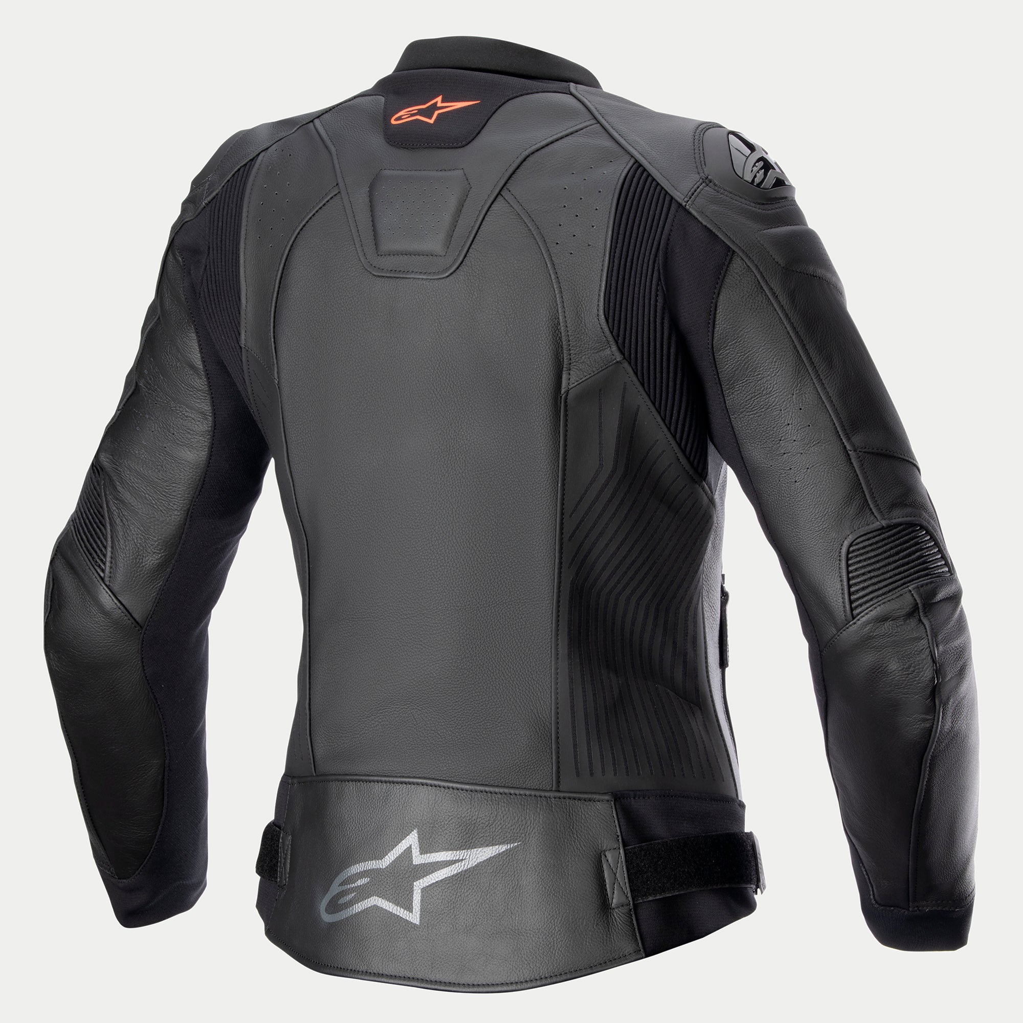 Alpinestars Stella GP Plus V4 Leather Jacket, Women's Motorcycle Leather Jacket, Black, CE Certified Category II Class AA, rear view showing stretch panels and protective armor details