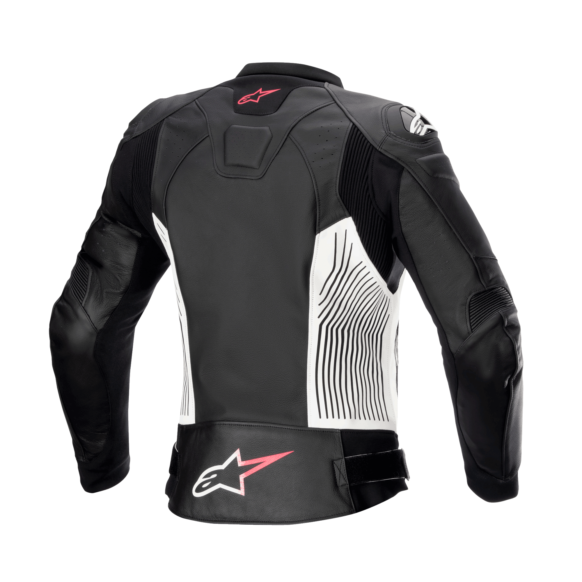 Alpinestars Stella GP Plus V4 Lederjacke für Damen, Schwarz, Weiß und Diva-Pink, Rückansicht, mit weißen Seiteneinsätzen mit schwarzen Grafiklinien, pinken und weißen Alpinestars-Logos auf dem oberen und unteren Rücken sowie Leder-Akkordeon-Stretcheinsätzen für verbesserte Bewegungsfreiheit.
