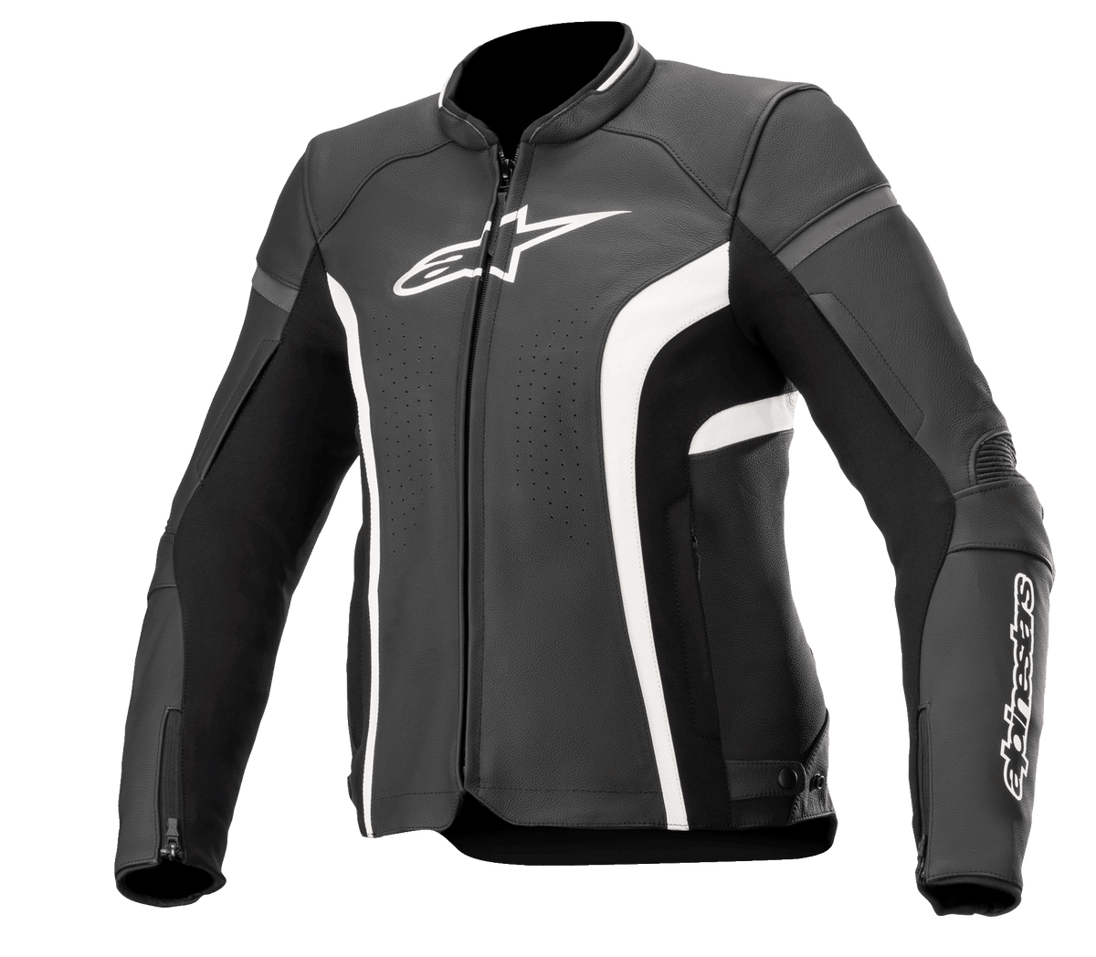 Alpinestars Stella Kira V2 Damen-Lederjacke, Schwarz und Weiß, mit perforierten Belüftungseinsätzen, weißem Logo-Branding auf der Brust und am Ärmel, Reißverschlüssen an den Manschetten und einer taillierten Performance-Passform für den Straßeneinsatz.