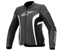 Alpinestars Stella Kira V2 Damen-Lederjacke, Schwarz und Weiß, mit perforierten Belüftungseinsätzen, weißem Logo-Branding auf der Brust und am Ärmel, Reißverschlüssen an den Manschetten und einer taillierten Performance-Passform für den Straßeneinsatz.