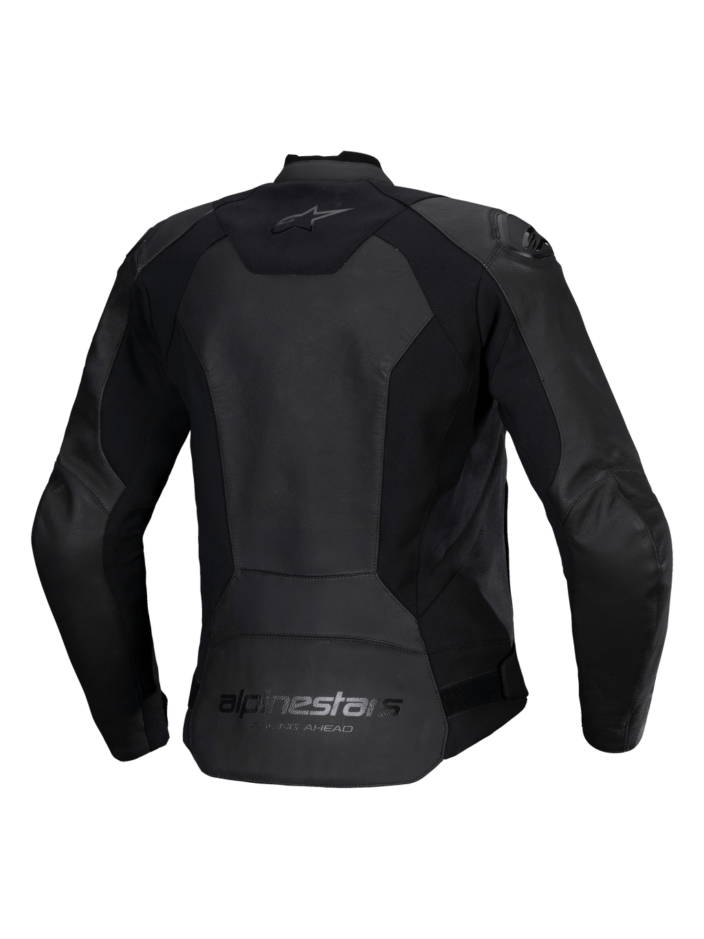 Alpinestars Stella Faster V3 Lederjacke für Damen, Motorrad-Lederjacke für Damen, Schwarz, Rückansicht mit Alpinestars-Branding auf dem oberen und unteren Rücken, Stretcheinsätzen für Bewegungsfreiheit und einem verlängerten Rücken für bessere Abdeckung.