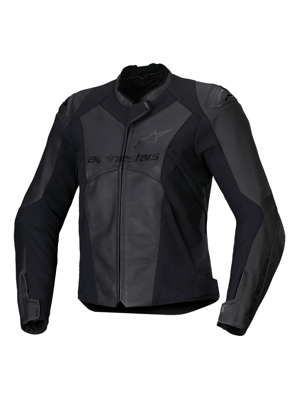 Alpinestars Stella Faster V3 Lederjacke, Damen Sport-Motorradjacke, Schwarz und Dunkelgrau, hochwertige Leder- und Textilkonstruktion mit HRSF-Stretcheinsätzen, CE-zertifizierter Schutz, hoher Kragen und durchgehender Frontreißverschluss, schlanke vom Rennsport abgeleitete Passform