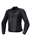 Alpinestars Stella Faster V3 Lederjacke, Damen Sport-Motorradjacke, Schwarz und Dunkelgrau, hochwertige Leder- und Textilkonstruktion mit HRSF-Stretcheinsätzen, CE-zertifizierter Schutz, hoher Kragen und durchgehender Frontreißverschluss, schlanke vom Rennsport abgeleitete Passform