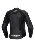 Alpinestars Stella Faster V3 Lederjacke, Sport-Motorradjacke für Damen, Schwarz und Weiß, Rückansicht mit Multi-Paneel-Leder- und Stretchgewebe-Konstruktion, weißes Alpinestars-Logo am oberen Rücken und Branding am unteren Rücken, schlanke sportliche Passform für Performance-Fahrten
