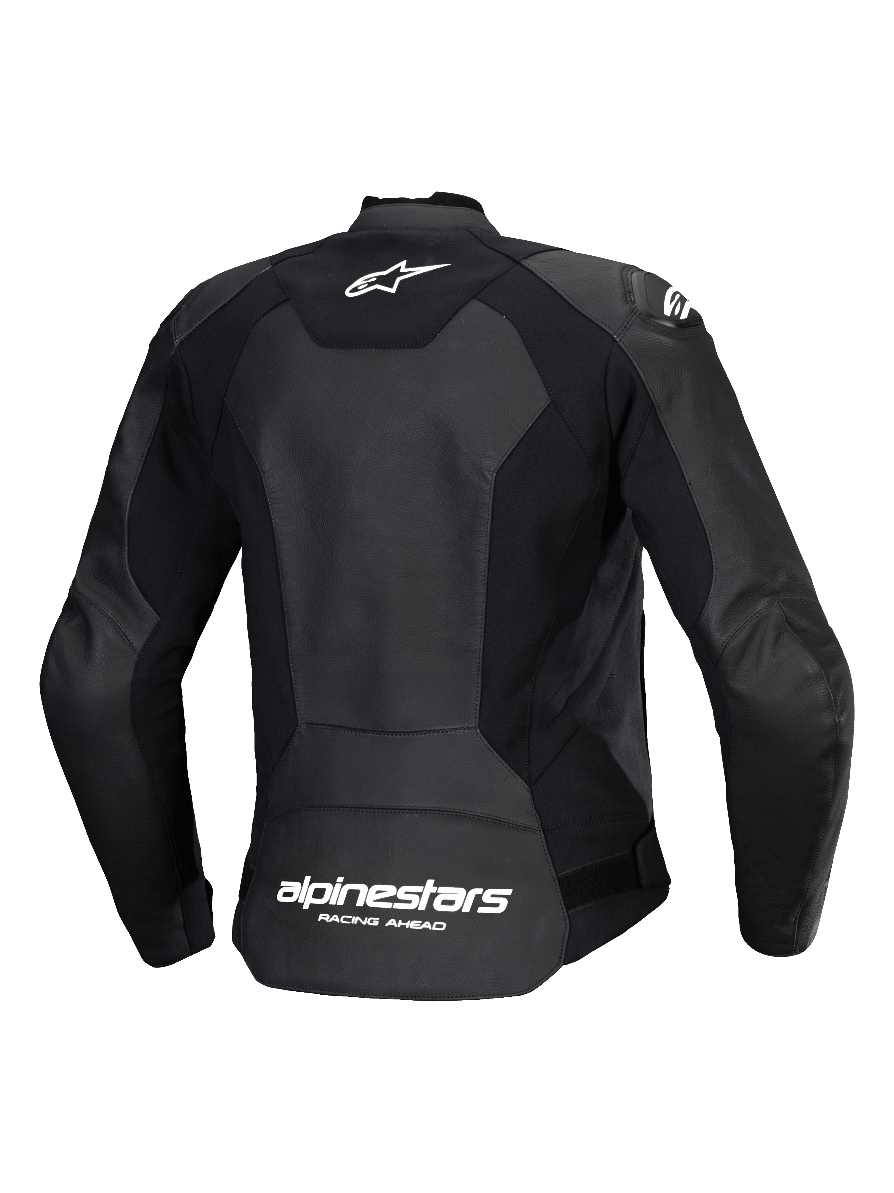 Alpinestars Stella Faster V3 Lederjacke, Sport-Motorradjacke für Damen, Schwarz und Weiß, Rückansicht mit Multi-Paneel-Leder- und Stretchgewebe-Konstruktion, weißes Alpinestars-Logo am oberen Rücken und Branding am unteren Rücken, schlanke sportliche Passform für Performance-Fahrten