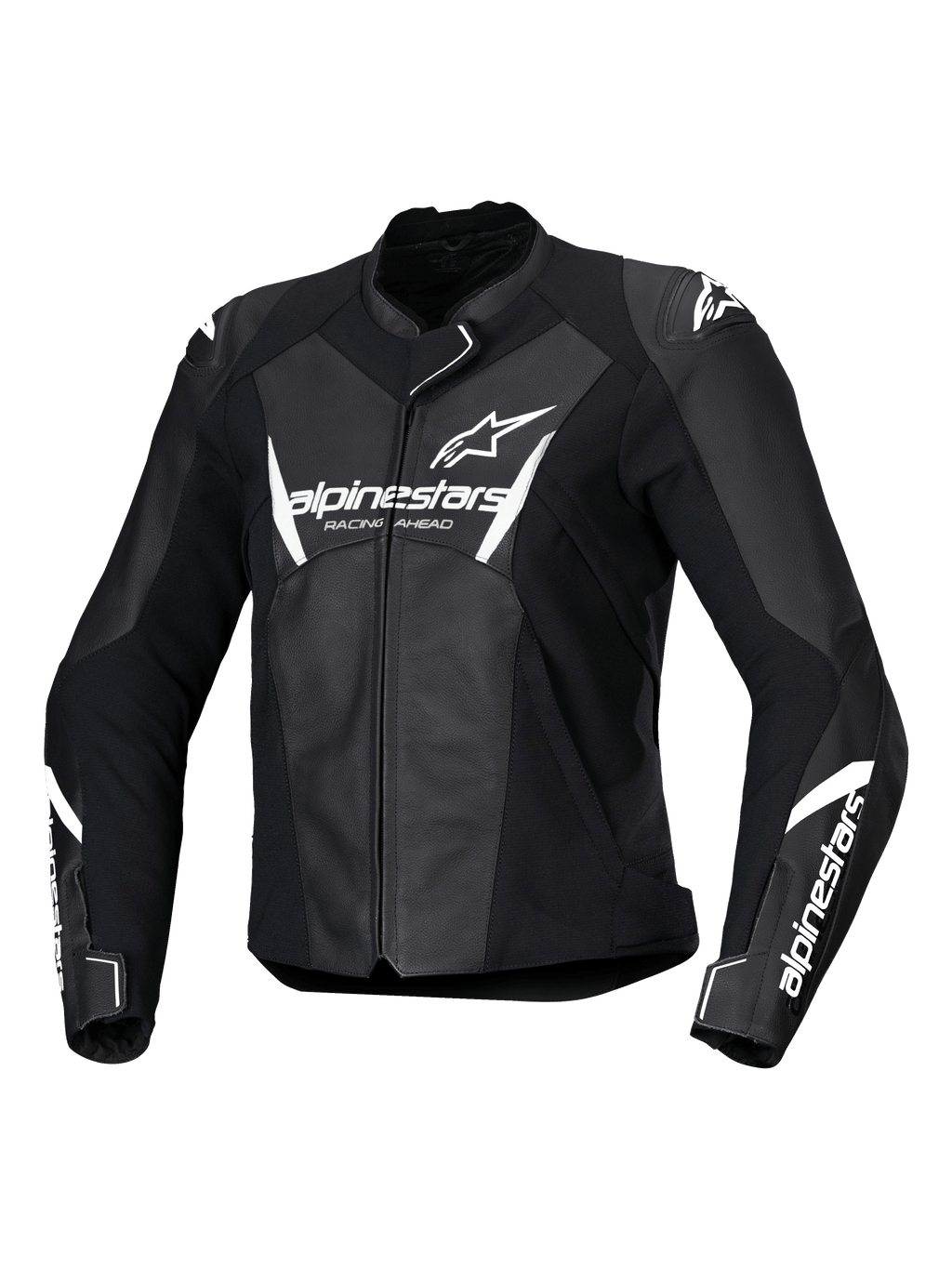 Alpinestars Stella Faster V3 Lederjacke, Damen-Motorrad-Rennjacke, Schwarz und Weiß, mit weißem Alpinestars-Branding auf Brust und Ärmeln, hochwertige Lederkonstruktion mit verstärkten Schultern, aerodynamisches Sportdesign