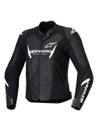 Alpinestars Stella Faster V3 Lederjacke, Damen-Motorrad-Rennjacke, Schwarz und Weiß, mit weißem Alpinestars-Branding auf Brust und Ärmeln, hochwertige Lederkonstruktion mit verstärkten Schultern, aerodynamisches Sportdesign