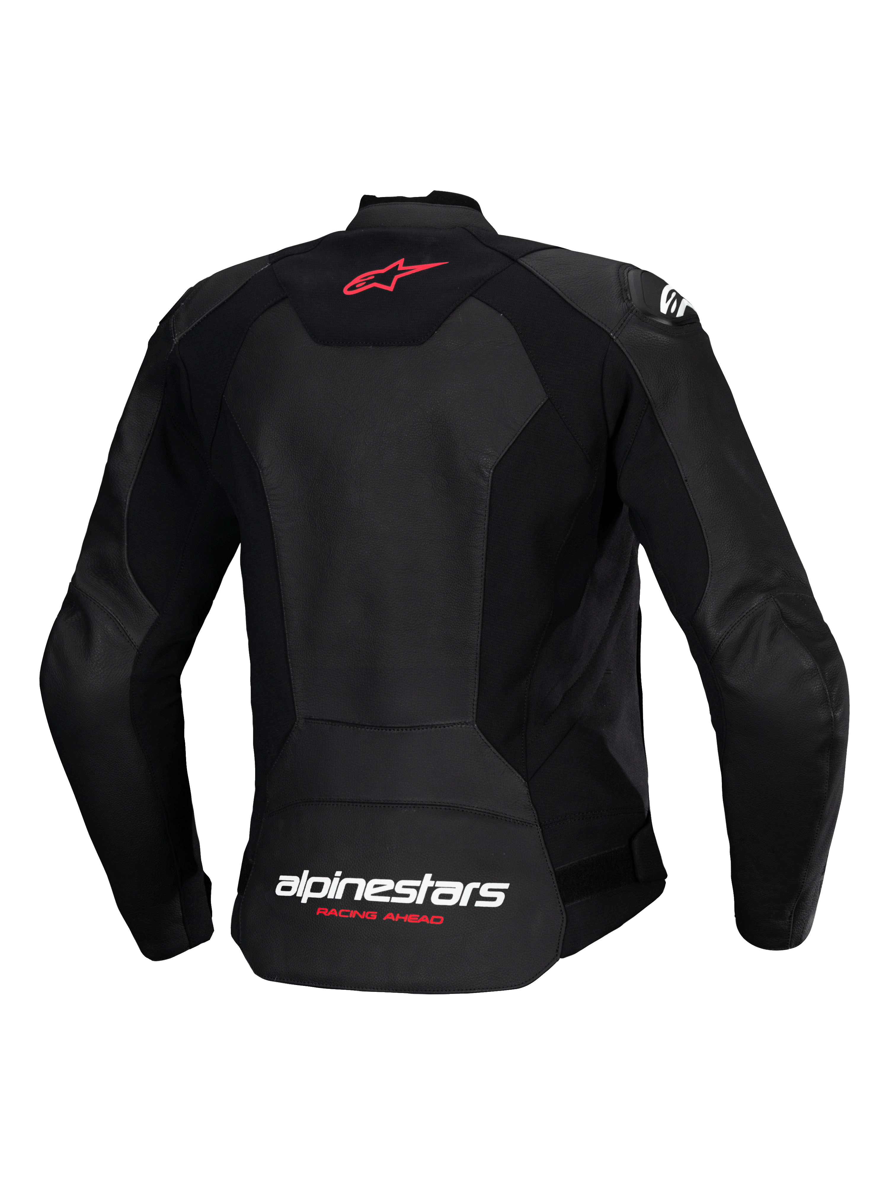 Alpinestars Stella Faster V3 Lederjacke, Sport-Motorradjacke für Damen, Schwarz, Rückansicht mit rotem Stern-Logo auf dem oberen Rücken und weißem Alpinestars-Branding mit „Racing Ahead“-Schriftzug in Fluo Coral auf dem unteren Rücken, konturierte Damenpassform mit hochwertigem Leder und Stretcheinsätzen