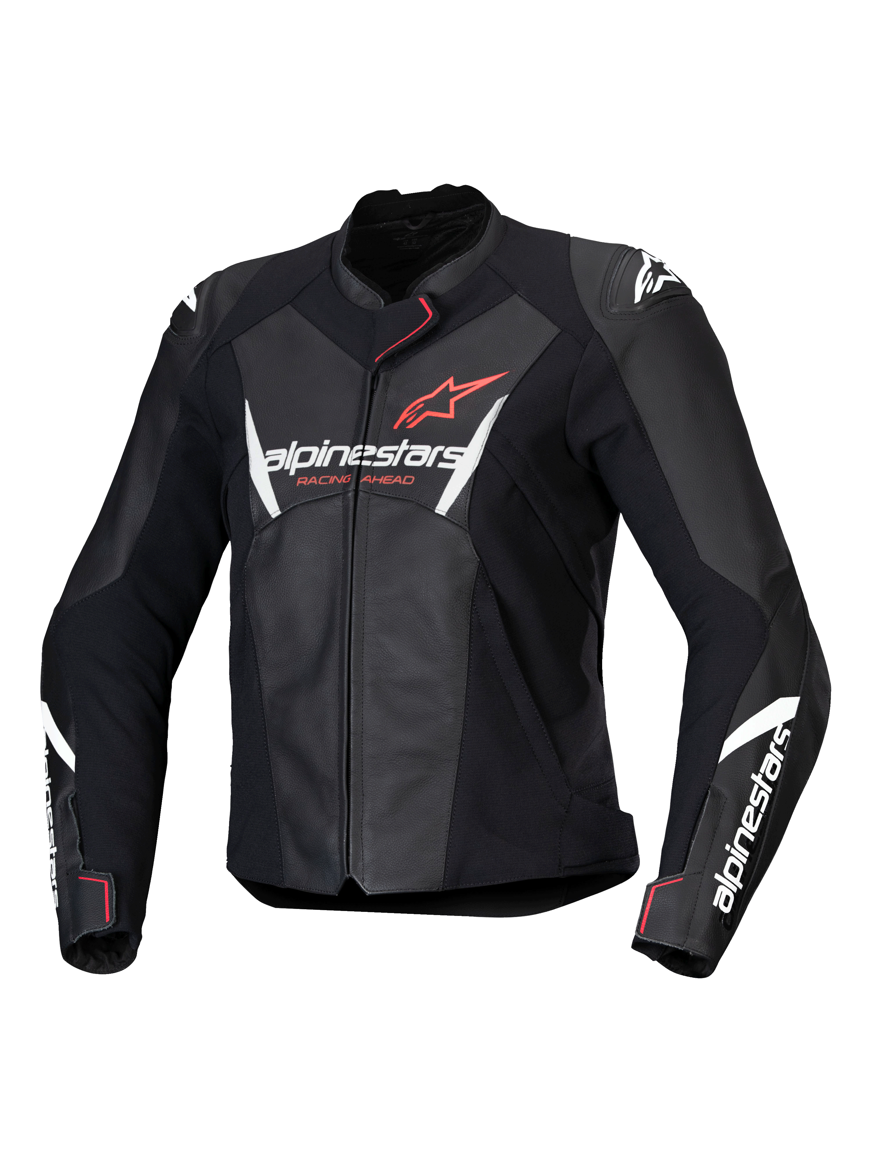 Alpinestars Stella Faster V3 Lederjacke, Damen-Motorradjacke, Schwarz mit weißen und Fluo Coral Akzenten, hochwertige Lederkonstruktion, Alpinestars-Branding auf Brust und Ärmeln, sportliche Racing-Passform mit integriertem Schulterschutz und Frontreißverschluss.
