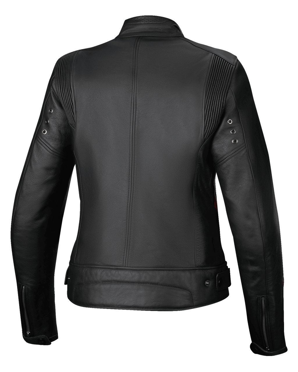 Alpinestars Stella Dyno Lederjacke, Damen-Motorradjacke, Rückansicht, Schwarz mit roten Akzenten, Rindsleder-Konstruktion