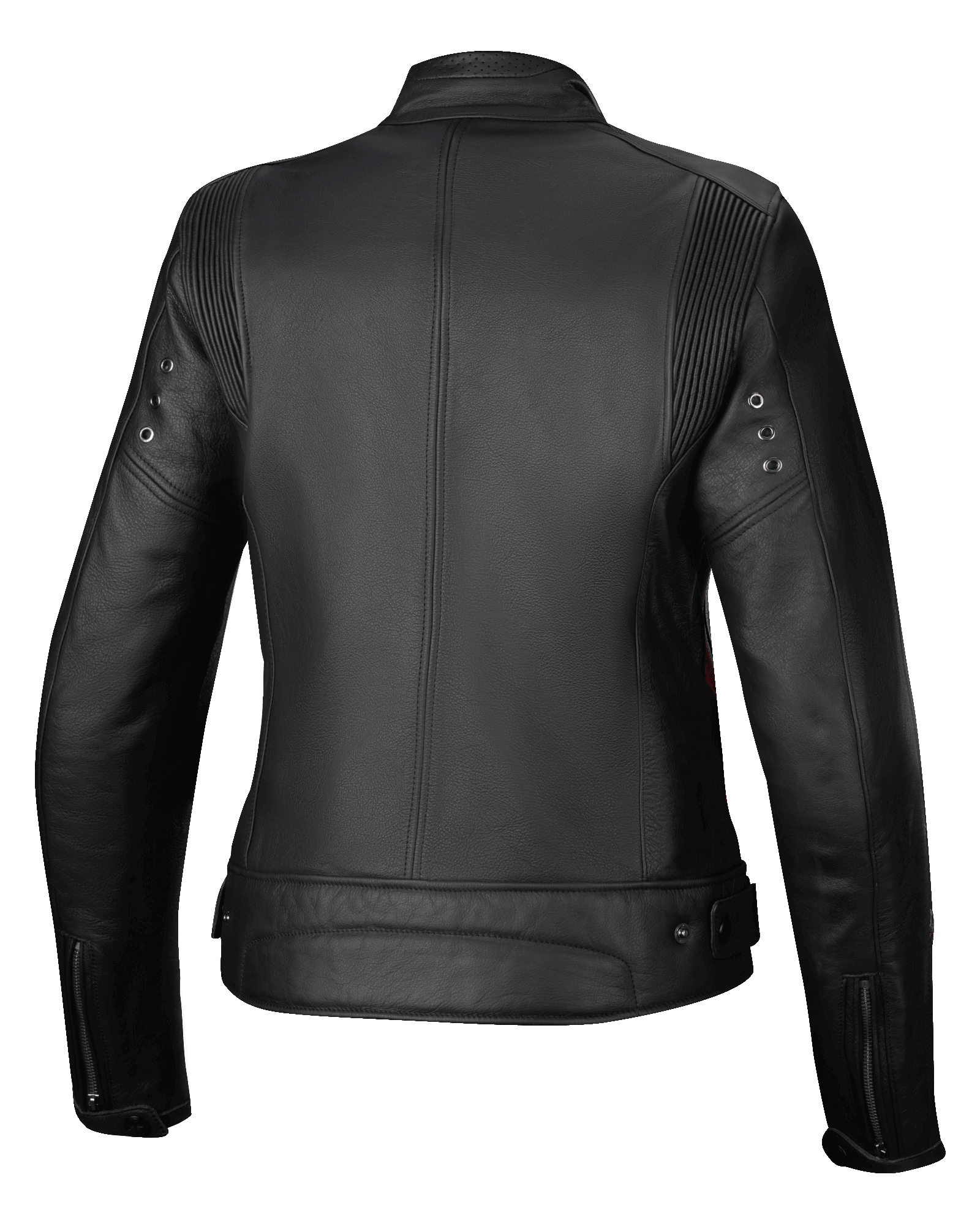 Alpinestars Stella Dyno Lederjacke, Damen-Motorradjacke, Rückansicht, Schwarz mit roten Akzenten, Rindsleder-Konstruktion