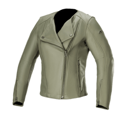 Alpinestars Alice Women's Leather Jacket, Military Green, leather motorcycle jacket with asymmetrical front zipper, snap-button collar, zippered cuffs, premium bovine leather construction, tailored feminine fit for urban riding