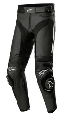 Alpinestars Missile V3 Lederhose, schwarze Motorrad-Rennlederhose mit weißen Stern-Logos, verstärkte Knieschleifer, Akkordeon-Stretcheinsätze oberhalb der Knie und Belüftungsöffnungen, hochwertige 1,3 mm Rindslederkonstruktion für Performance auf Rennstrecke und Straße