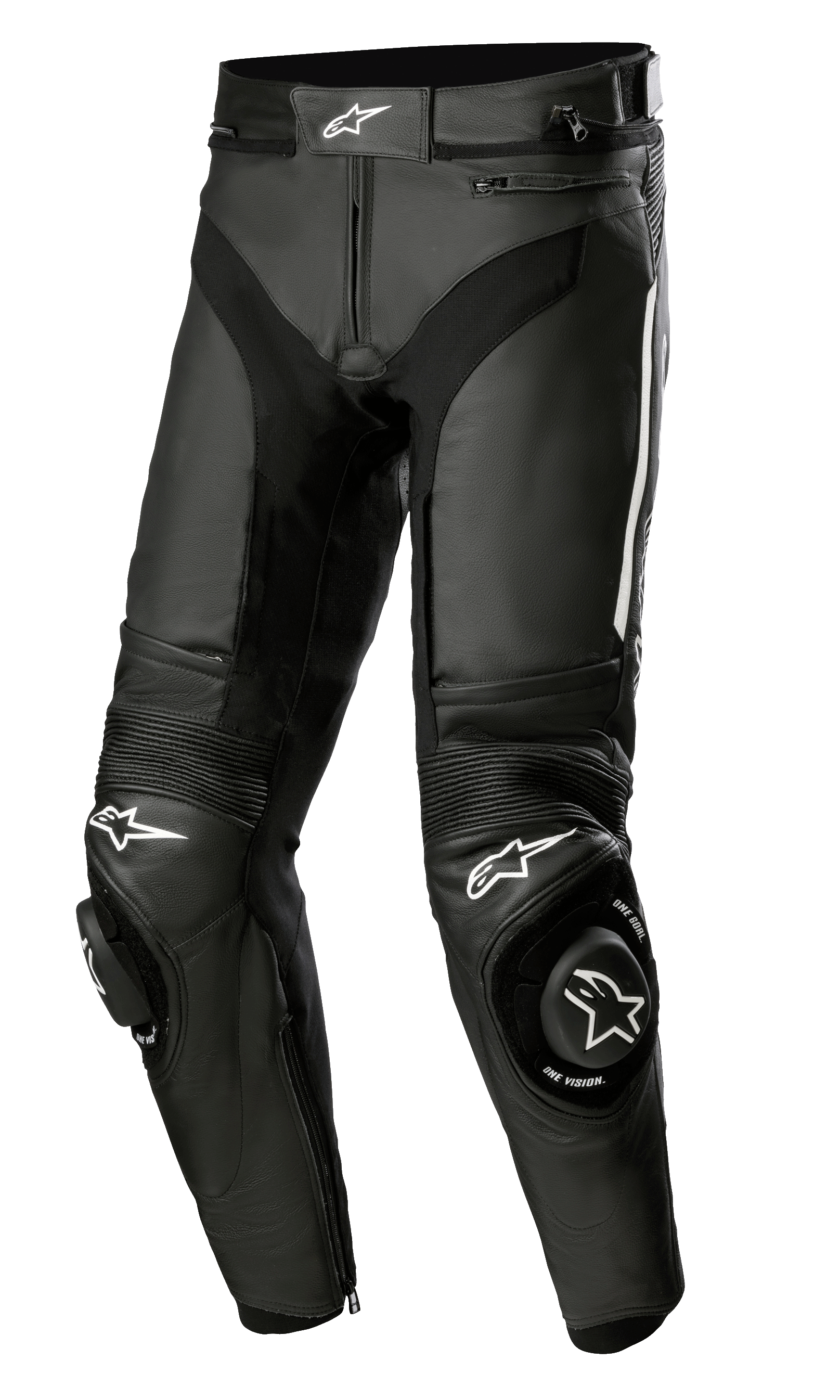 Alpinestars Missile V3 Lederhose, schwarze Motorrad-Rennlederhose mit weißen Stern-Logos, verstärkte Knieschleifer, Akkordeon-Stretcheinsätze oberhalb der Knie und Belüftungsöffnungen, hochwertige 1,3 mm Rindslederkonstruktion für Performance auf Rennstrecke und Straße