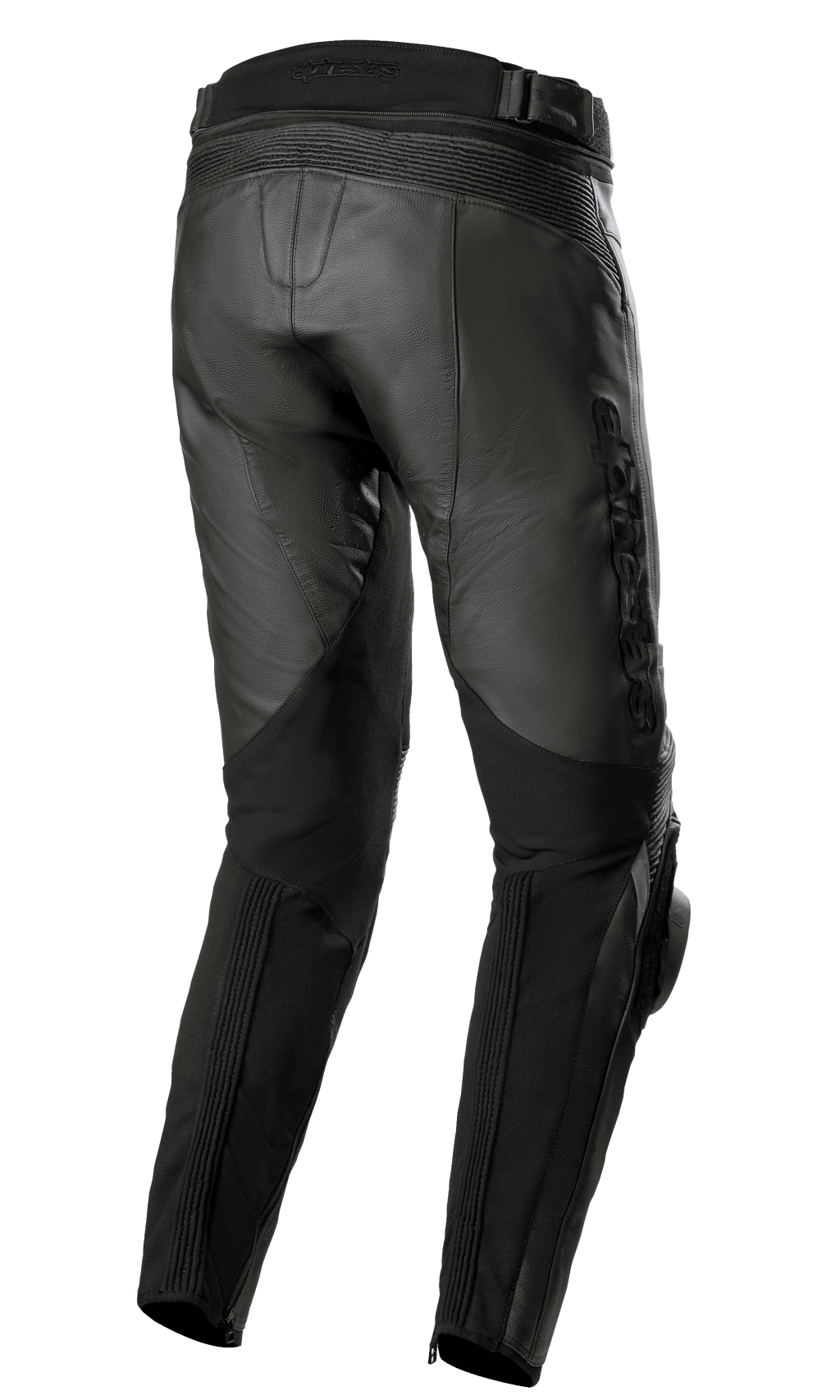 Alpinestars Missile V3 Leather Pants, Black, back view, featuring accordion leather stretch zones at the waist and behind knees, embossed Alpinestars branding, and durable leather construction for road racing