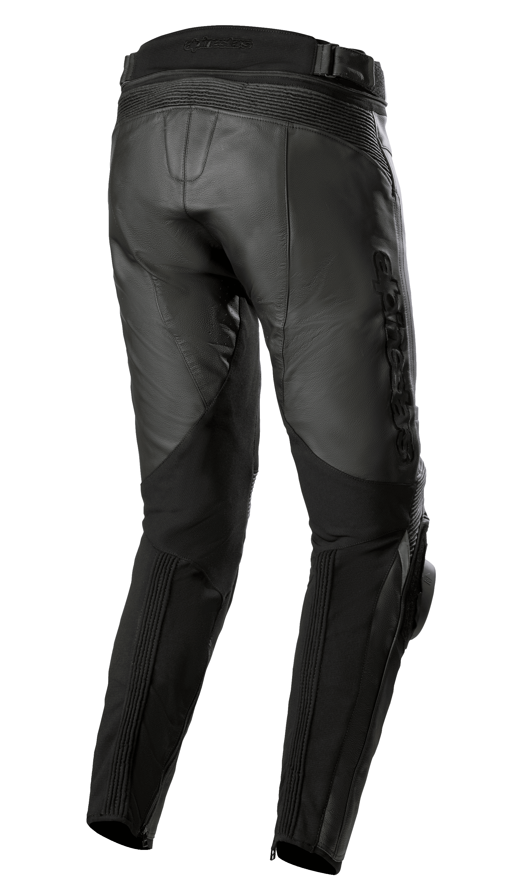 Alpinestars Missile V3 Leather Pants, Black, back view, featuring accordion leather stretch zones at the waist and behind knees, embossed Alpinestars branding, and durable leather construction for road racing
