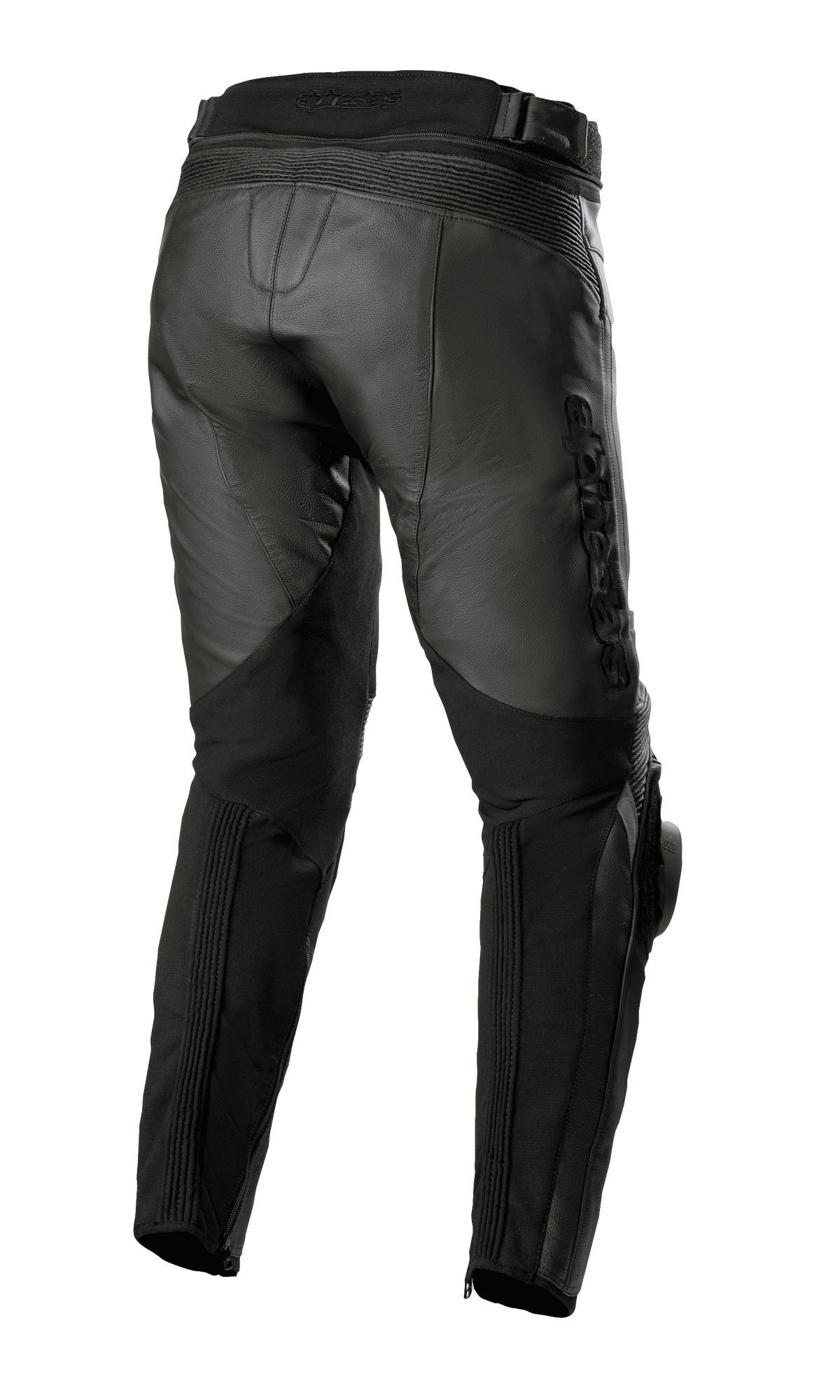 Alpinestars Missile V3 Lederhose - Kurz, Schwarz, Rückansicht mit hoher Taillenkonstruktion, Akkordeon-Leder-Stretchzonen über dem Knie und Stretch-Einsätzen an der Wade für verbesserte Bewegungsfreiheit, hochwertige Motorradausrüstung aus Rindsleder für den Straßenrennsport.