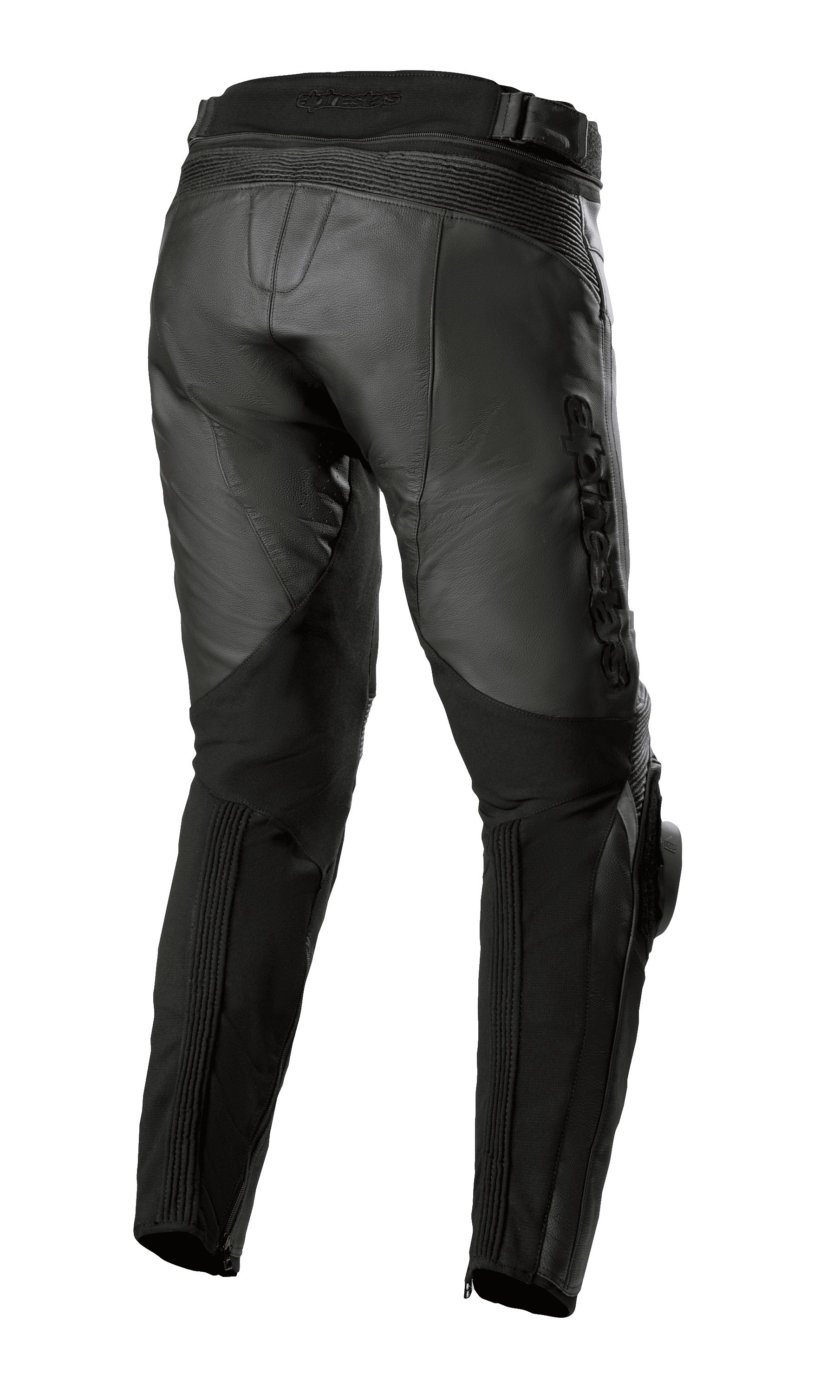 Alpinestars Missile V3 Lederhose - Kurz, Schwarz, Rückansicht mit hoher Taillenkonstruktion, Akkordeon-Leder-Stretchzonen über dem Knie und Stretch-Einsätzen an der Wade für verbesserte Bewegungsfreiheit, hochwertige Motorradausrüstung aus Rindsleder für den Straßenrennsport.