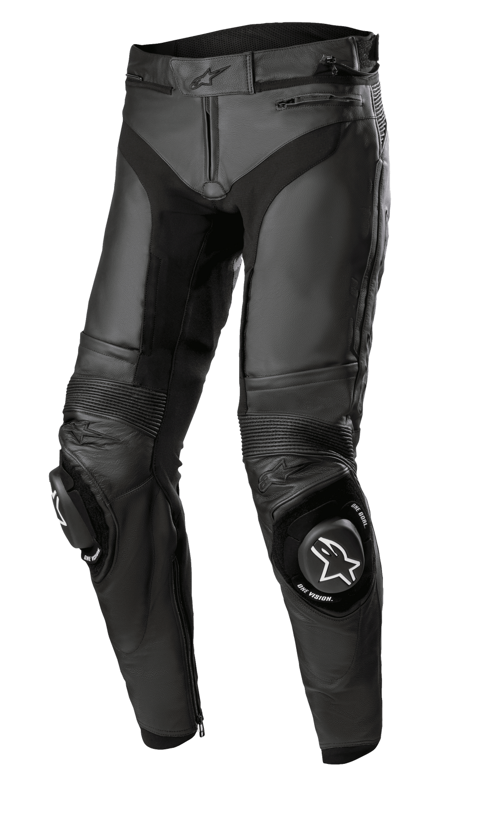 Alpinestars Missile V3 Lederhose - Kurz, schwarze Motorrad-Rennhose, Premium-Lederkonstruktion mit Akkordeon-Stretcheinsätzen, verstärkte Kniebereiche mit weißen Logo-Knieschleifern, Reißverschlüsse an Taille und Knöcheln, schlankes ergonomisches Design für sportliches Fahren