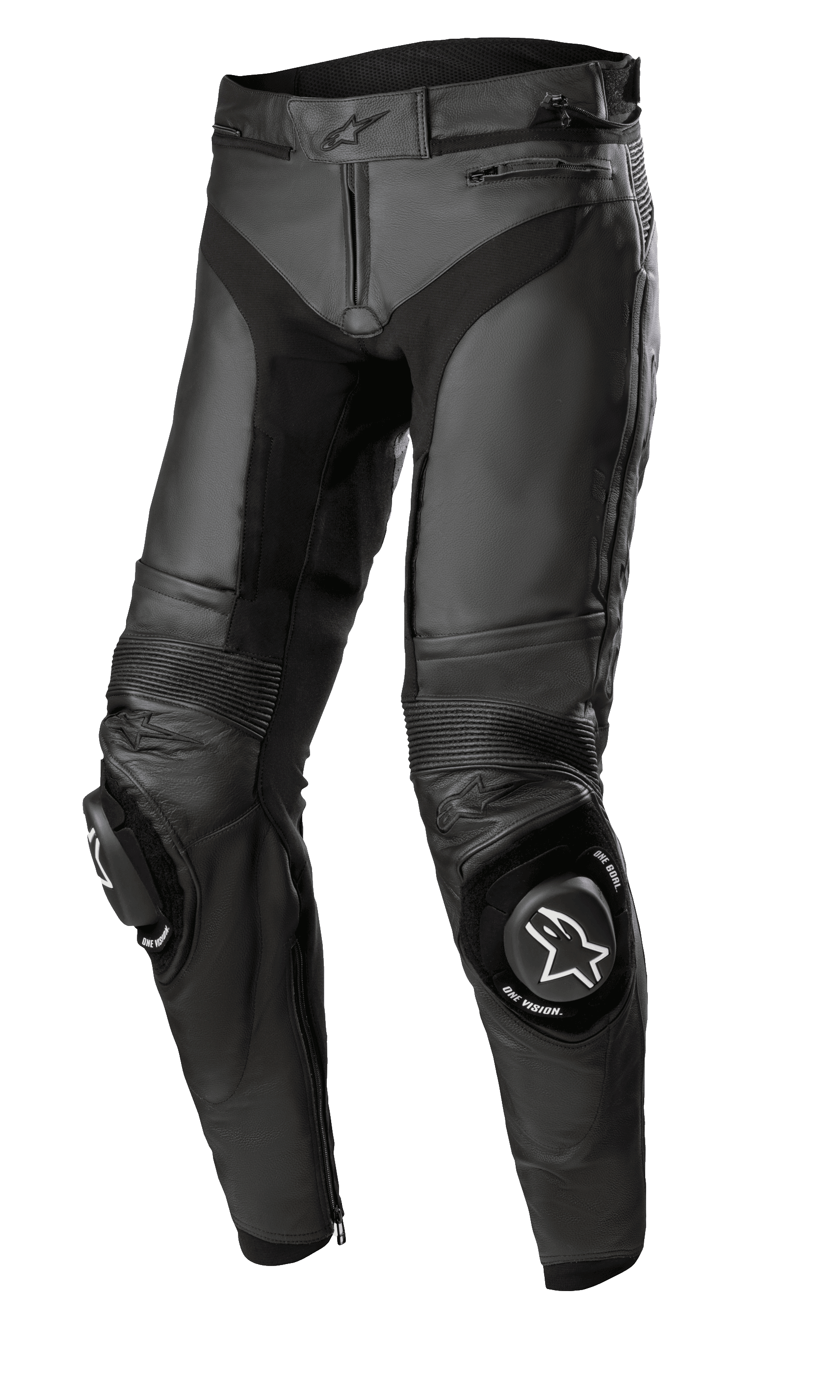 Alpinestars Missile V3 Lederhose - Kurz, schwarze Motorrad-Rennhose, Premium-Lederkonstruktion mit Akkordeon-Stretcheinsätzen, verstärkte Kniebereiche mit weißen Logo-Knieschleifern, Reißverschlüsse an Taille und Knöcheln, schlankes ergonomisches Design für sportliches Fahren