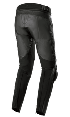 Alpinestars Missile V3 Lederhose – Lang, Schwarz, Rück- und Seitenansicht, gefertigt aus hochwertigem Rindsleder mit Akkordeon-Stretch-Einsätzen über dem Knie, hohem hinterem Bund und geprägtem Alpinestars-Logo am Oberschenkel, Sport- und Rennsport-Motorradausrüstung.