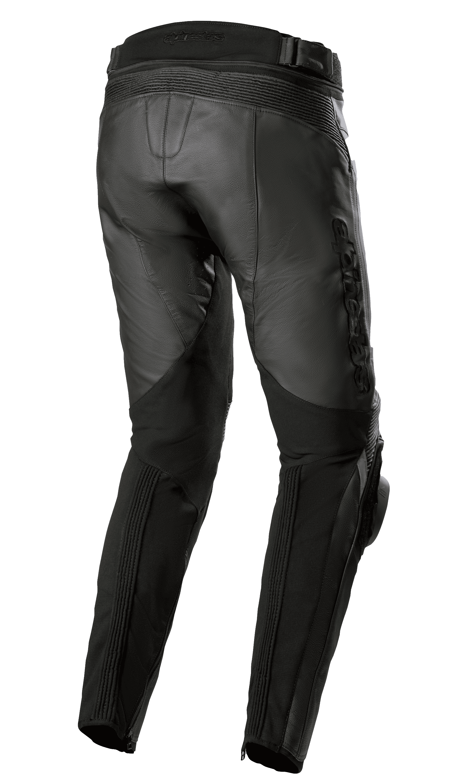 Alpinestars Missile V3 Lederhose – Lang, Schwarz, Rück- und Seitenansicht, gefertigt aus hochwertigem Rindsleder mit Akkordeon-Stretch-Einsätzen über dem Knie, hohem hinterem Bund und geprägtem Alpinestars-Logo am Oberschenkel, Sport- und Rennsport-Motorradausrüstung.