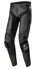 Alpinestars Missile V3 Lederhose – Lang, schwarze Motorrad-Rennhose, mit Akkordeon-Leder-Stretcheinsätzen an den Knien, austauschbaren Knieschleifern mit weißen Logos, erstklassiger Lederkonstruktion und ergonomisch vorgeformter Passform für die Rennstrecke