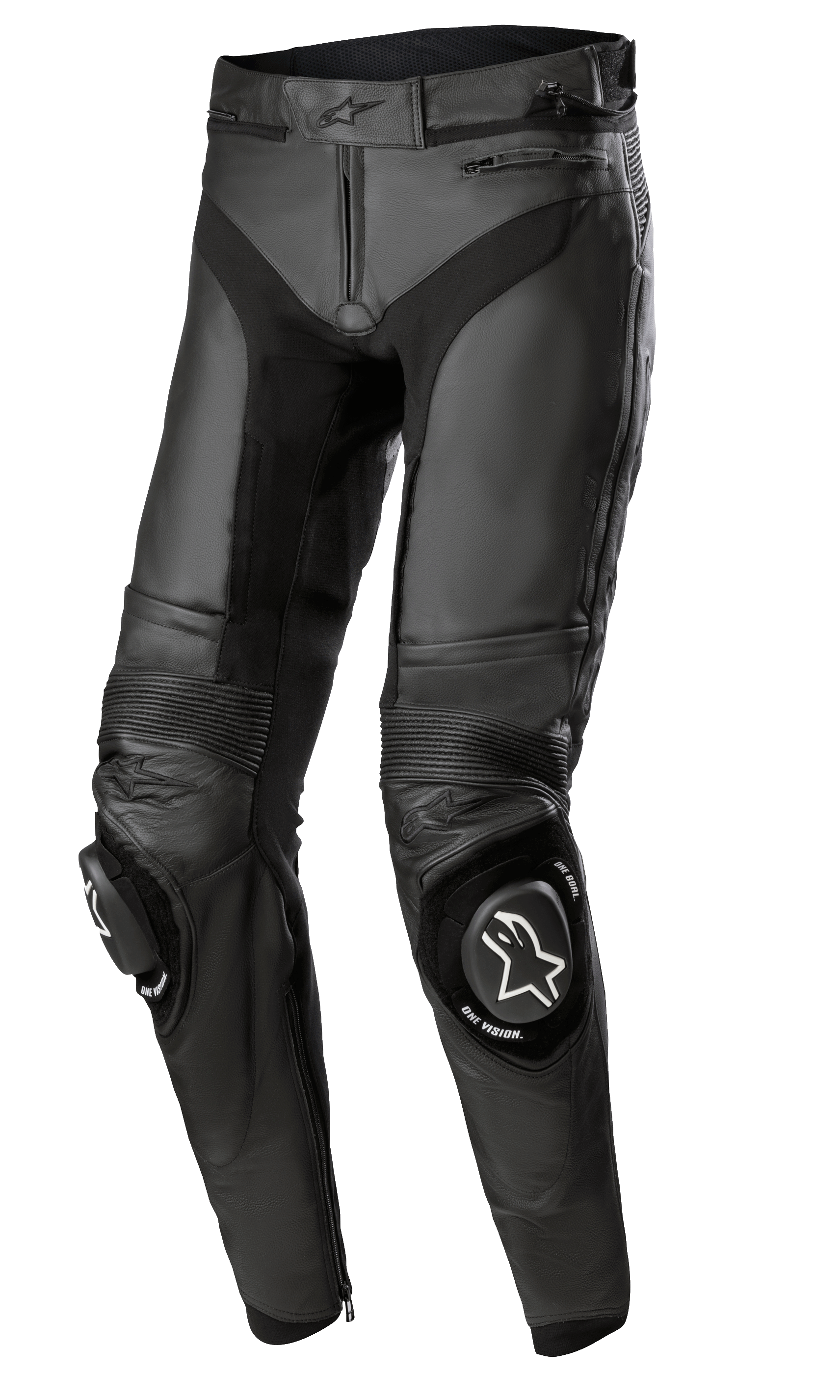 Alpinestars Missile V3 Lederhose – Lang, schwarze Motorrad-Rennhose, mit Akkordeon-Leder-Stretcheinsätzen an den Knien, austauschbaren Knieschleifern mit weißen Logos, erstklassiger Lederkonstruktion und ergonomisch vorgeformter Passform für die Rennstrecke