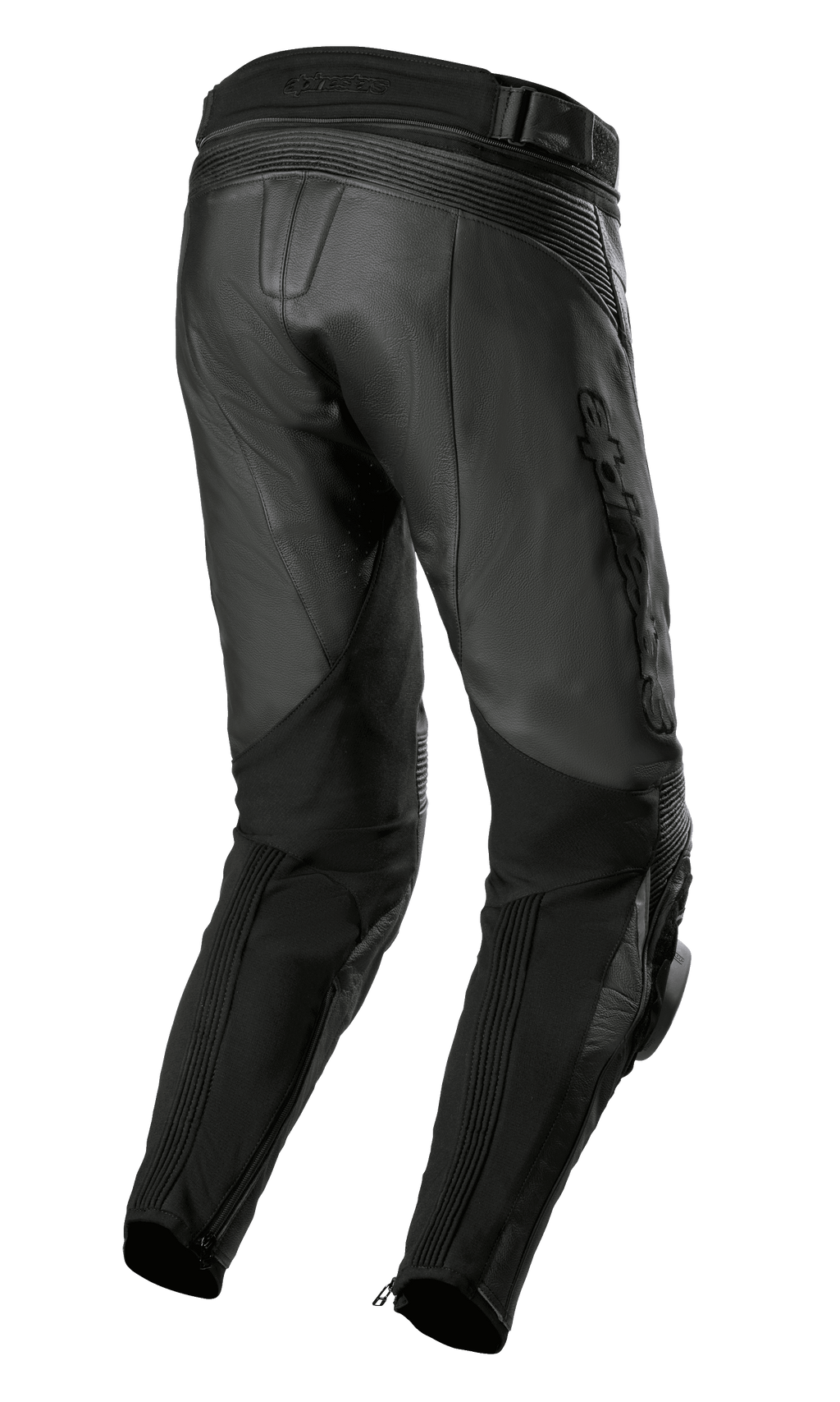 Alpinestars Missile V3 Airflow Lederhose, Schwarz, Rückansicht mit hochwertiger Lederkonstruktion, Akkordeon-Stretchzonen über dem Knie, hohem Rückenbund und flexiblen Stretch-Paneelen an den Waden mit Knöchel-Reißverschlüssen.