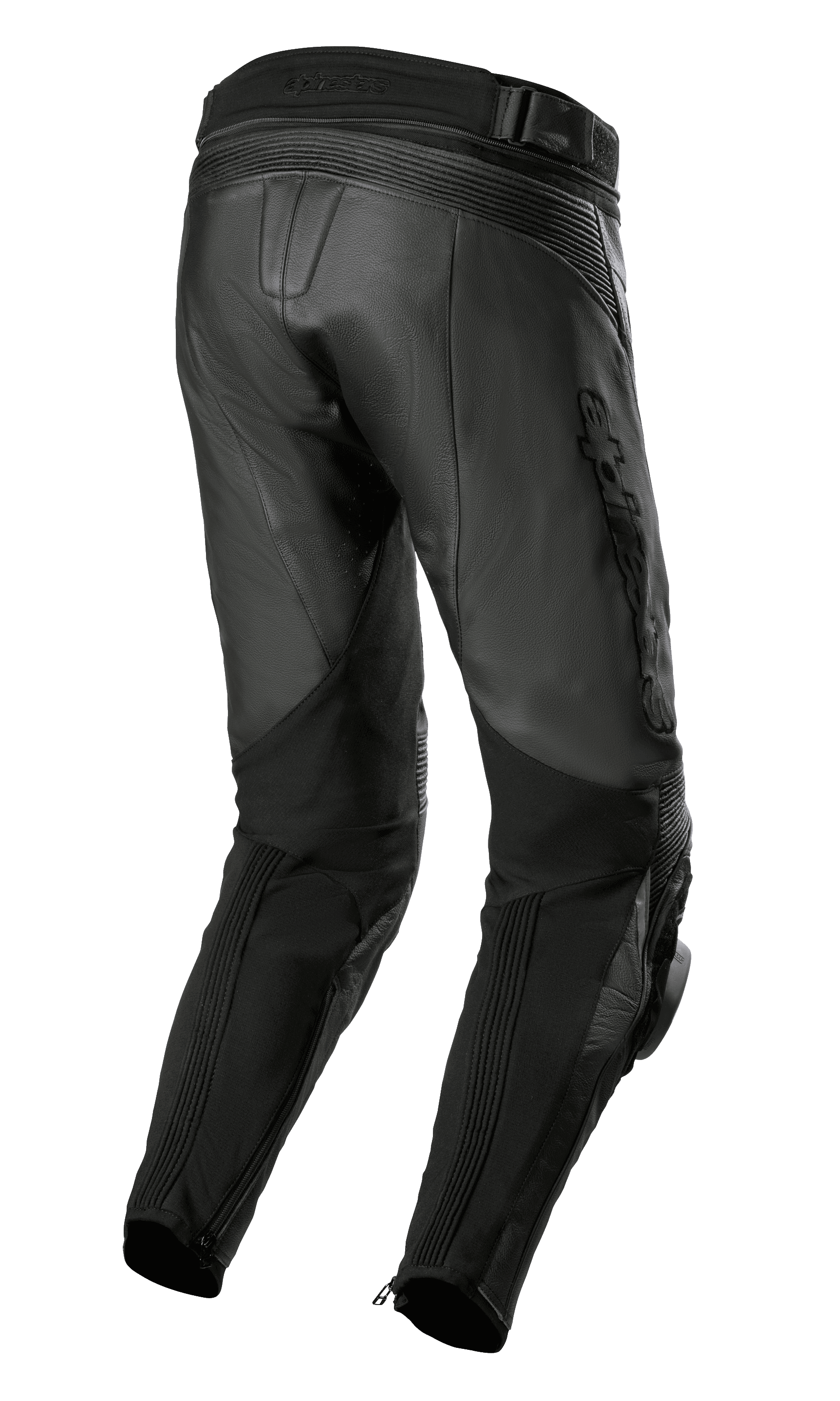 Alpinestars Missile V3 Airflow Lederhose, Schwarz, Rückansicht mit hochwertiger Lederkonstruktion, Akkordeon-Stretchzonen über dem Knie, hohem Rückenbund und flexiblen Stretch-Paneelen an den Waden mit Knöchel-Reißverschlüssen.